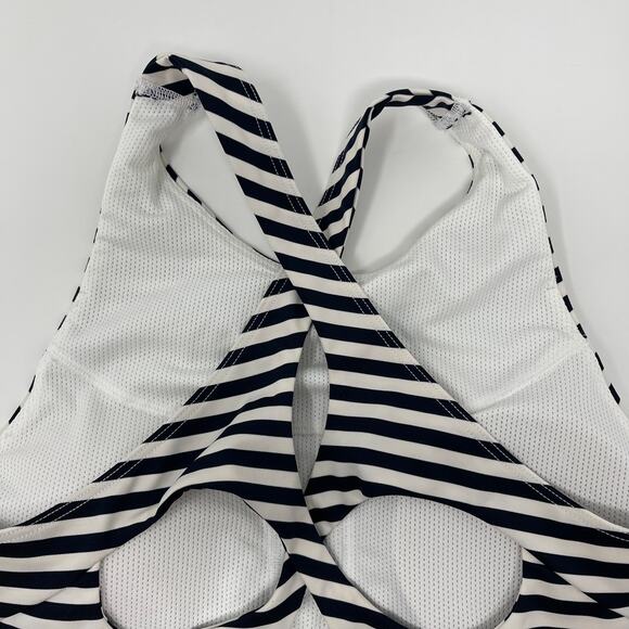 Athleta Navy Blue White XSmall Striped High Neck Mudra Sports Bra Cut Out Back - Picture 7 of 12